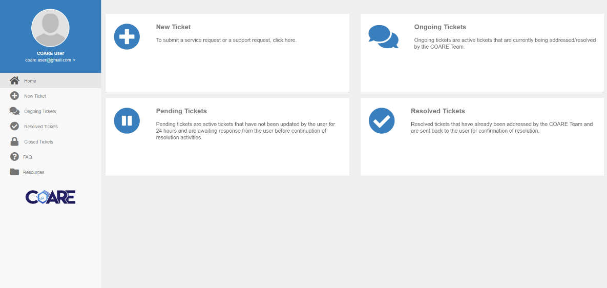 COARE User Portal Dashboard